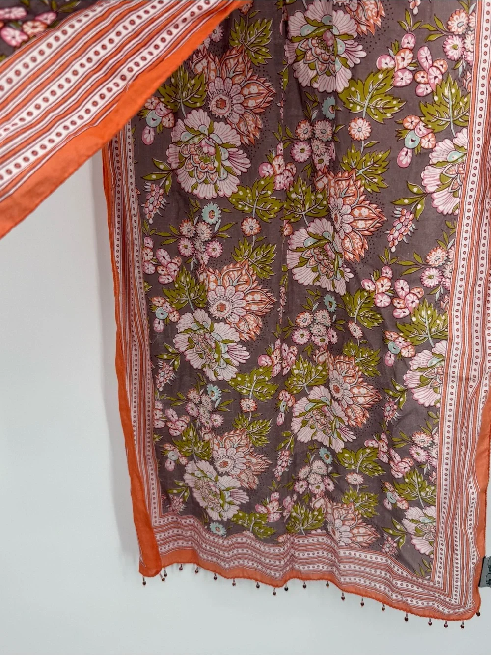 Brown Floral Print Scarf Long Beaded Fringe Boho Wrap Accessory Orange